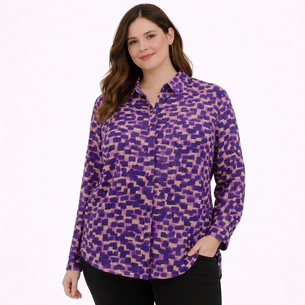 Coldwater Creek No Iron Purple Geometric Button Down Shirt Plus Size 14 - Travel